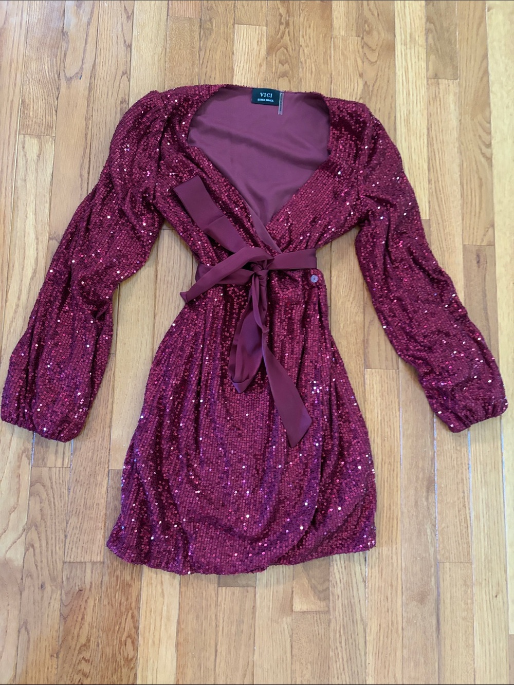 VICI Burgundy Sequin Wrap Dress with Tie Waist